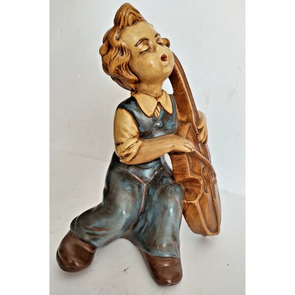 Hand Painted Ceramic 8"  Figurine Boy Playing Bass signed Nancy Hart - Picture 1 of 13